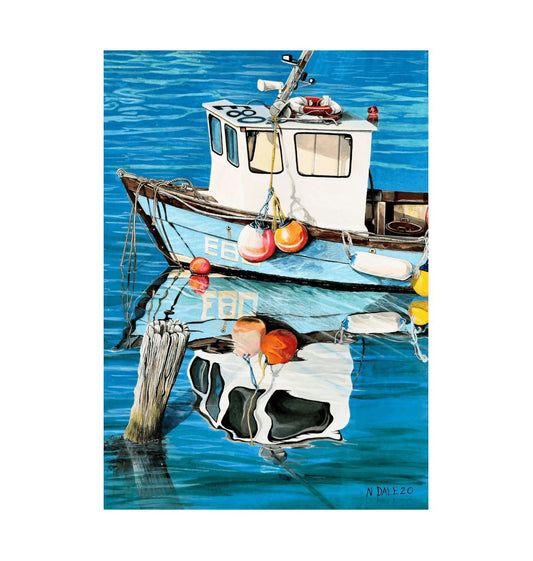 Image of a Large Art Print (A3 size) featuring a copy of the painting 'God's Own 99 Flake Pierces The Veil' by Nick Dale. The print depicts a fishing boat at rest within the harbour of Lyme Regis, Dorset. The title is based on the similarity of the wooden pile to a chocolate flake as inserted into an ice cream cone. This seemed appropriate given the draw of the town to tourists.