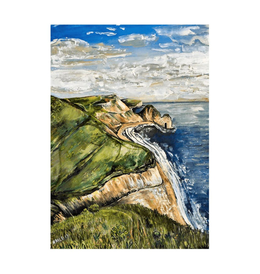 Image of a Large Art Print (A3 size) featuring a copy of the painting 'Durdle Door From The West' by Nick Dale. The print depict a view along the Jurassic Coast to the famous Dorset limestone arch landmark, as seen from the coastal path to the west.