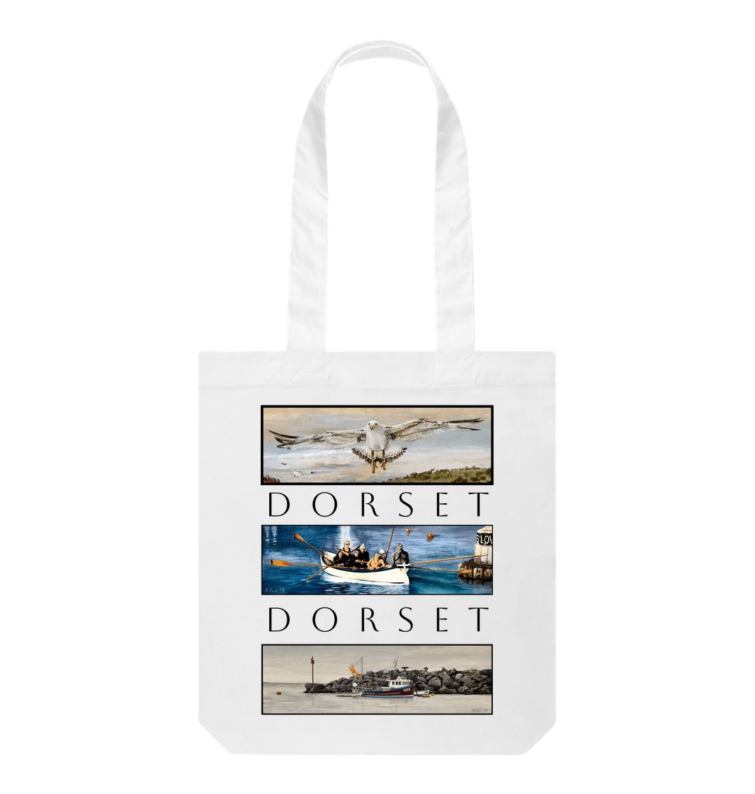 Image of White Tote Bag featuring 3 Scenes Of Dorset. The scenes are derived from 3 original paintings by Nick Dale and are separated from each other vertically by the word 'Dorset'. 