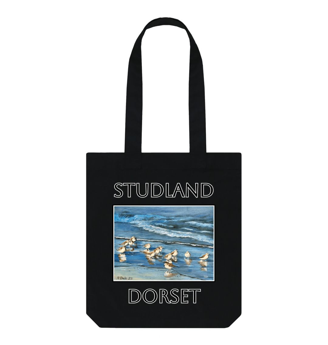 Image of Black Tote Bag featuring a copy of the painting 'Studland Misty Morning' by Nick Dale. The bag depicts Dunlins on Studland Beach (Dorset) on a crisp and misty morning.