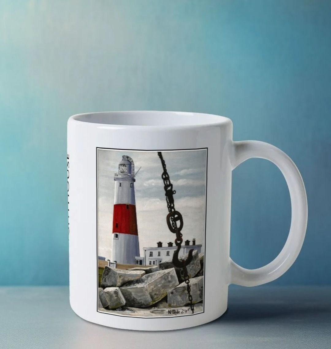 Image of a White Mug on a white table featuring a copy of the painting 'Portland Bill Lighthouse And The Red Crane Hook' by Nick Dale. The handle is orientated to the right.  The mug depicts a close up detail of the hook of the Red Crane at Portland Bill, Dorset with the Portland Bill Lighthouse standing beyond it, behind a pile of quarried stone.