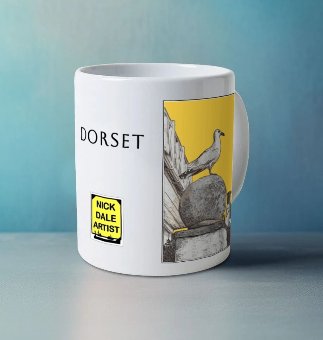 Image of a White Mug on a white table featuring a modified copy of the painting 'A View Of The Sea At Lyme Regis' by Nick Dale - this being the 'Yellow' version. Image also shows the artist's logo on the mug with the word 'Dorset' written above it. The mug handle is obscured behind the mug. The mug depicts a gull and buildings along Marine Parade, Lyme Regis.