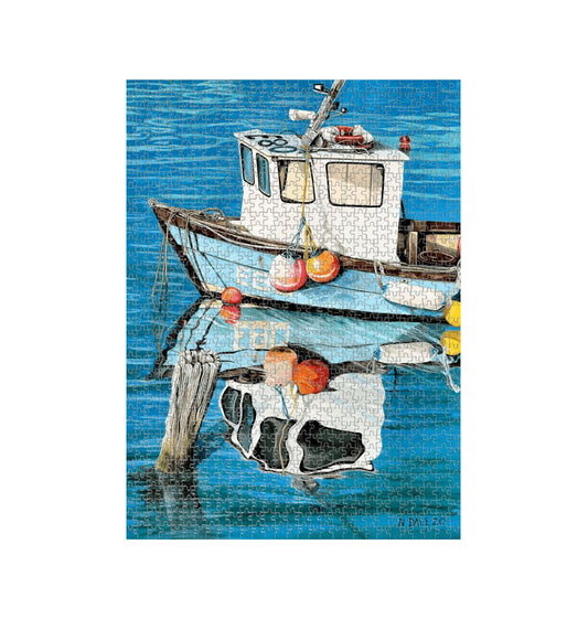 Image of a 1000 Piece Jigsaw Puzzle featuring a copy of the painting 'God's Own 99 Flake Pierces The Veil' by Nick Dale. The jigsaw depicts a fishing boat at rest within the harbour of Lyme Regis, Dorset. The title is based on the similarity of the wooden pile to a chocolate flake as inserted into an ice cream cone. This seemed appropriate given the draw of the town to tourists.