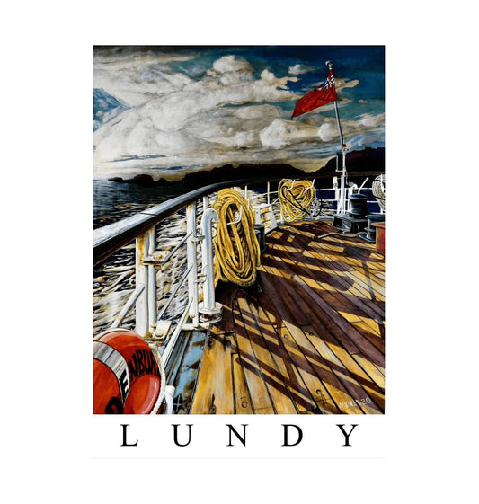Image of a Large Art Print (A3 size) featuring a copy of the painting 'Diminishing Returns From Lundy' by Nick Dale, with the word 'Lundy' written beneath it. The print depicts the stern of the ship MS Oldenburg as it returns to the mainland from Lundy Island, Devon. As the sun goes down it casts long shadows on the deck. whilst the flag flutters in the breeze. The Silhouette of the island can be seen diminishing into the background.