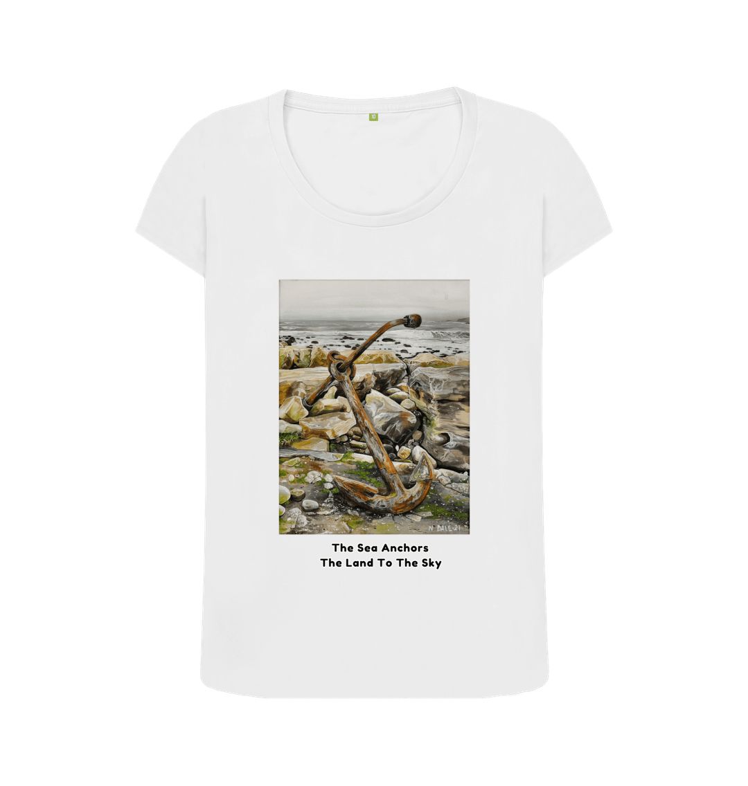 Image of a White Women's Scoop Neck T-shirt featuring a copy of the painting 'The Sea Anchors The Land To The Sky' by Nick Dale, with the words 'The Sea Anchors The Land To The Sky' written beneath it. The T-shirt depicts an old anchor lying at rest under a leaden sky upon the foreshore at Chapman's Pool, near Worth Matravers, Dorset.