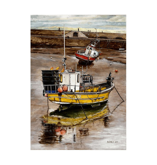 Image of a Large Art Print (A3 size) featuring a copy of the painting 'Lyme Regis at Low Tide' by Nick Dale. The print depicts a sunset where the fishing vessels rest on the floor of Lyme Regis harbour whilst the tourists enjoy the view from the Cobb.