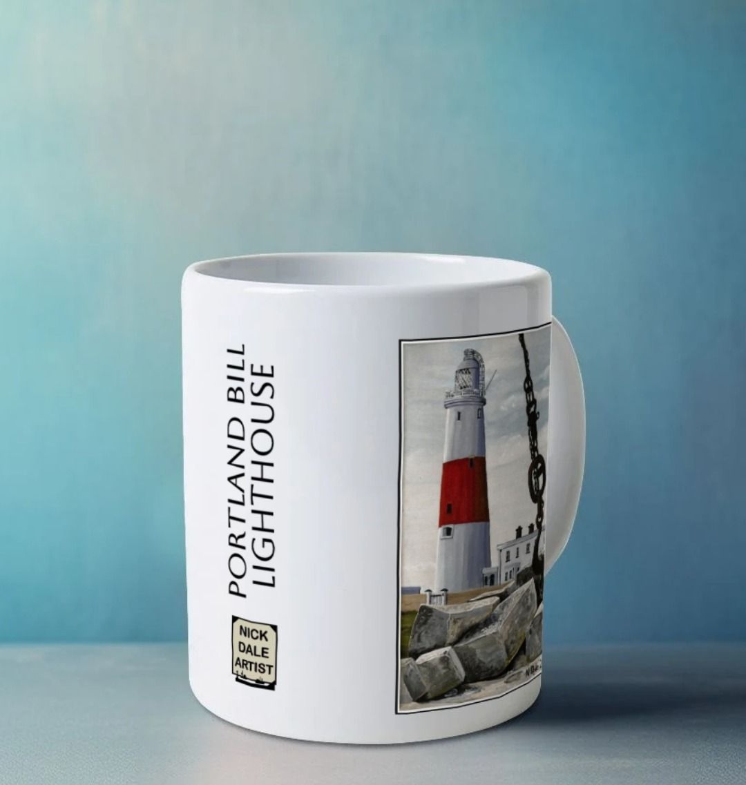 Image of a White Mug on a white table featuring a copy of the painting 'Portland Bill Lighthouse And The Red Crane Hook' by Nick Dale. Image also shows the artist's logo on the mug and the words 'Portland Bill Lighthouse' written vertically between the 2 copies of the painting. The mug handle is obscured behind the mug. The mug depicts a close up detail of the hook of the Red Crane at Portland Bill, Dorset with the Portland Bill Lighthouse standing beyond it, behind a pile of quarried stone.