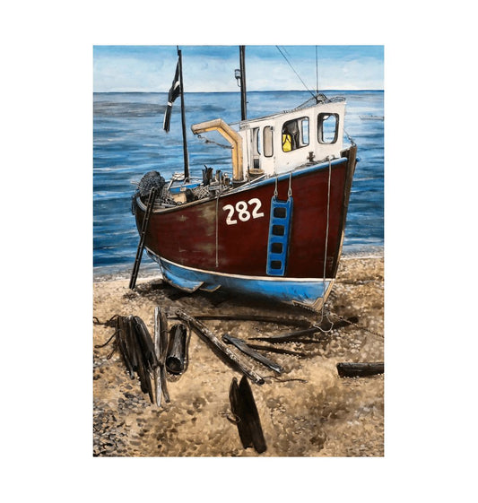 Image of a Large Art Print (A3 size) featuring a copy of the painting 'Relaxing Beer' by Nick Dale. The scene depicts a fishing boat beached at Beer, Devon. The wood is laid under the boats to aid in their winching up the shingle beach.