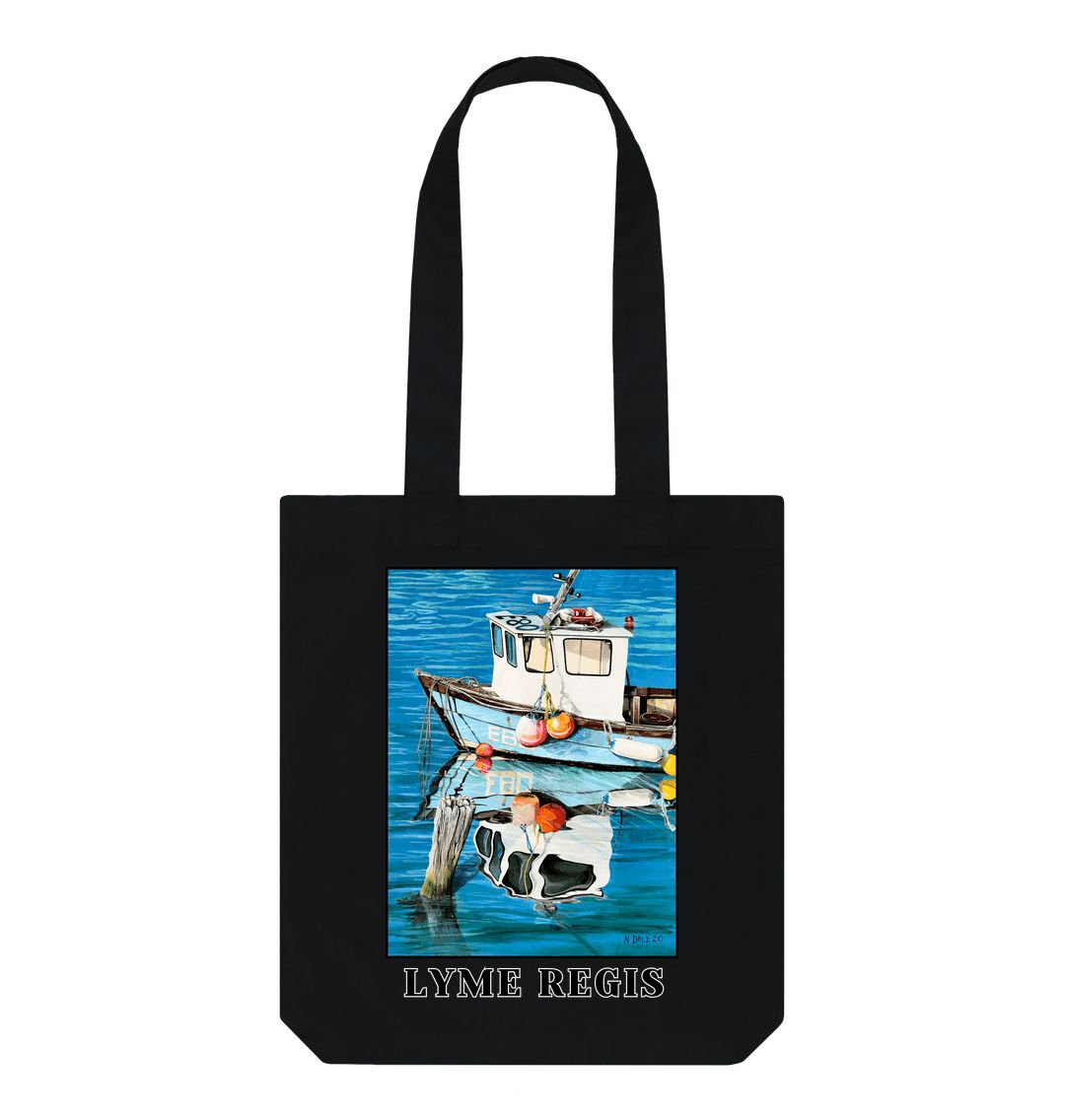 Image of a Black Tote Bag featuring a copy of the painting 'God's Own 99 Flake Pierces The Veil' by Nick Dale, with the words 'Lyme Regis' written beneath it. The bag depicts a fishing boat at rest within the harbour of Lyme Regis, Dorset. The title is based on the similarity of the wooden pile to a chocolate flake as inserted into an ice cream cone. This seemed appropriate given the draw of the town to tourists.