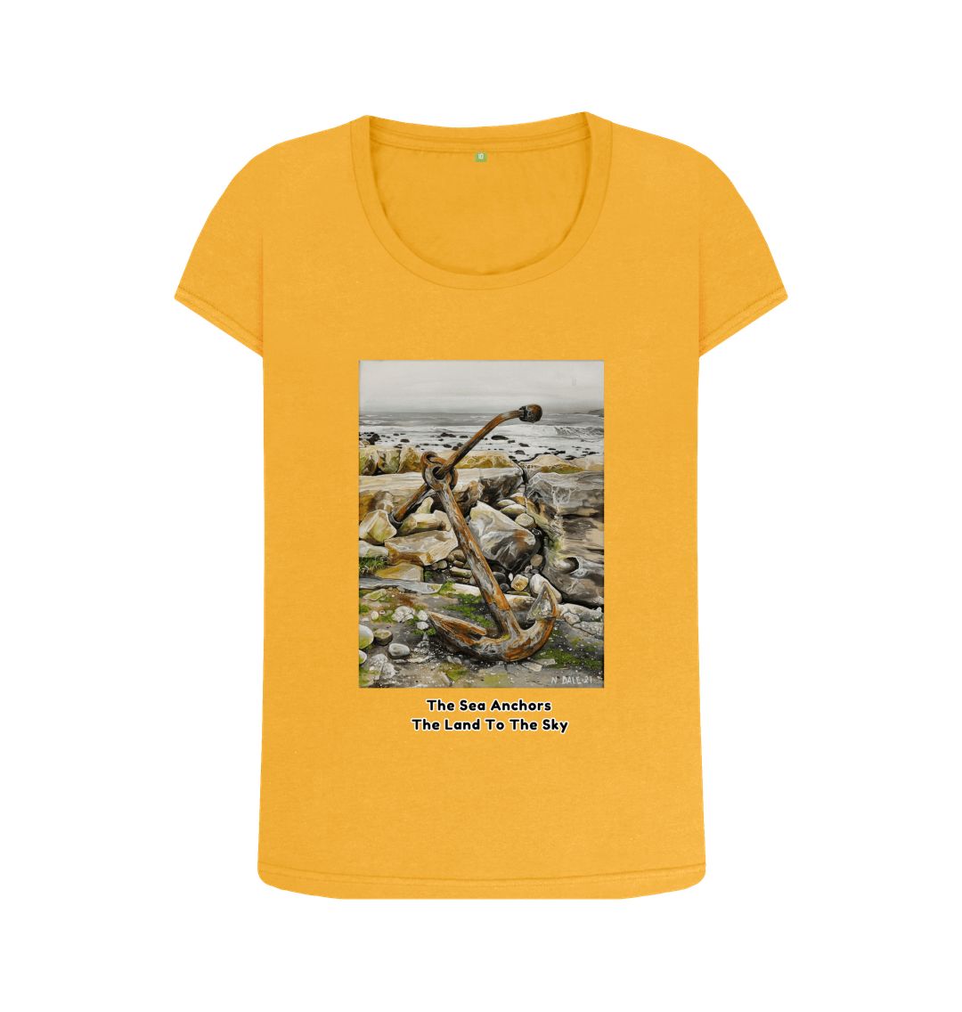 Image of a Mustard Women's Scoop Neck T-shirt featuring a copy of the painting 'The Sea Anchors The Land To The Sky' by Nick Dale, with the words 'The Sea Anchors The Land To The Sky' written beneath it. The T-shirt depicts an old anchor lying at rest under a leaden sky upon the foreshore at Chapman's Pool, near Worth Matravers, Dorset.