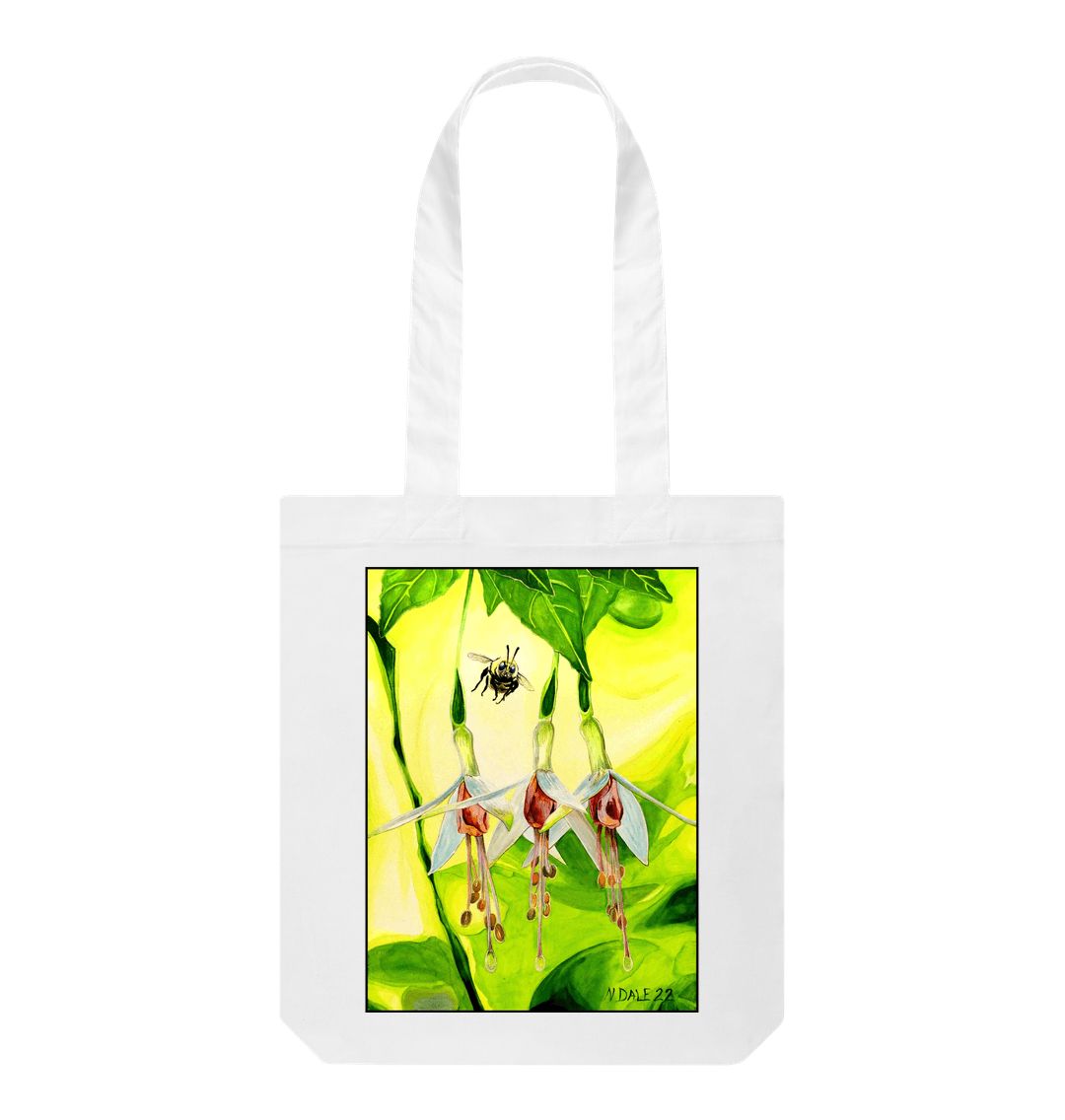 Image of a White Tote Bag featuring a copy of the painting 'The Three Muses' by Nick Dale. The bag depicts a close-up view of a bee approaching its prize. But which will it choose?