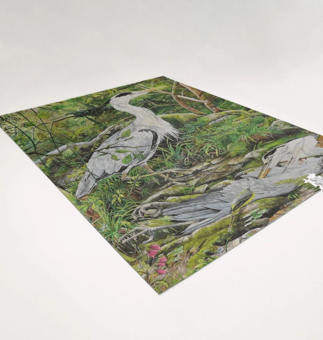 Image of a 1000 Piece Jigsaw Puzzle featuring a copy of the painting 'Fenix Bennu' by Nick Dale. As displayed partially completed on a white surface. The jigsaw depicts 2 grey herons but is named after the ancient Egyptian god Bennu, which was depicted as a heron and after which the now extinct Bennu Heron is named. The god Bennu may be the origins of the phoenix legend. 'Fenix' is Anglo-Saxon for phoenix and the scene has been transposed to the East Lyn River at Lynmouth in Devon.