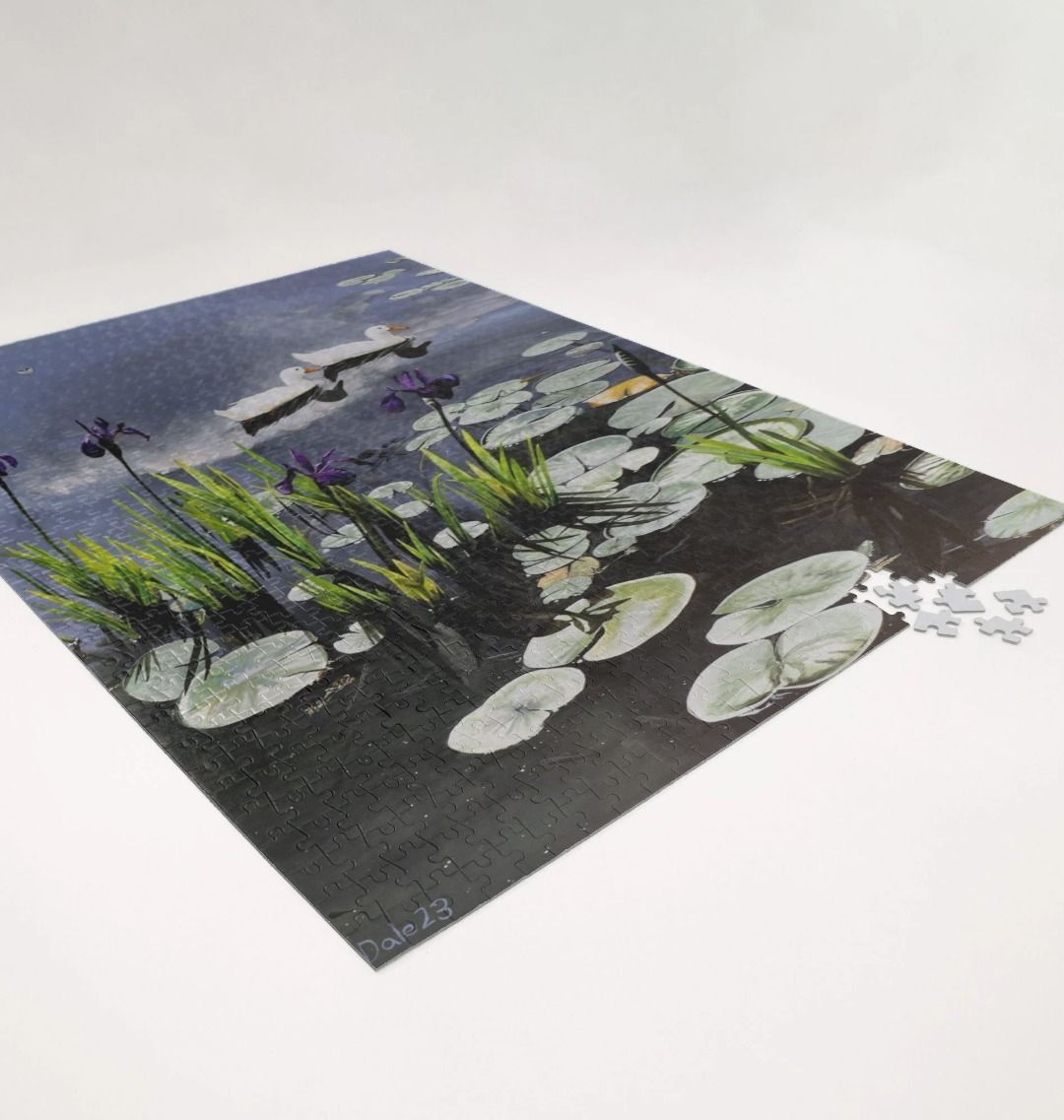 Image of a 1000 Piece Jigsaw Puzzle featuring a copy of the painting 'Dark Waters' by Nick Dale. As displayed partially completed on a white surface. The jigsaw depicts lily pads, irises and ducks on a pond at Knightshayes Court, Devon.
