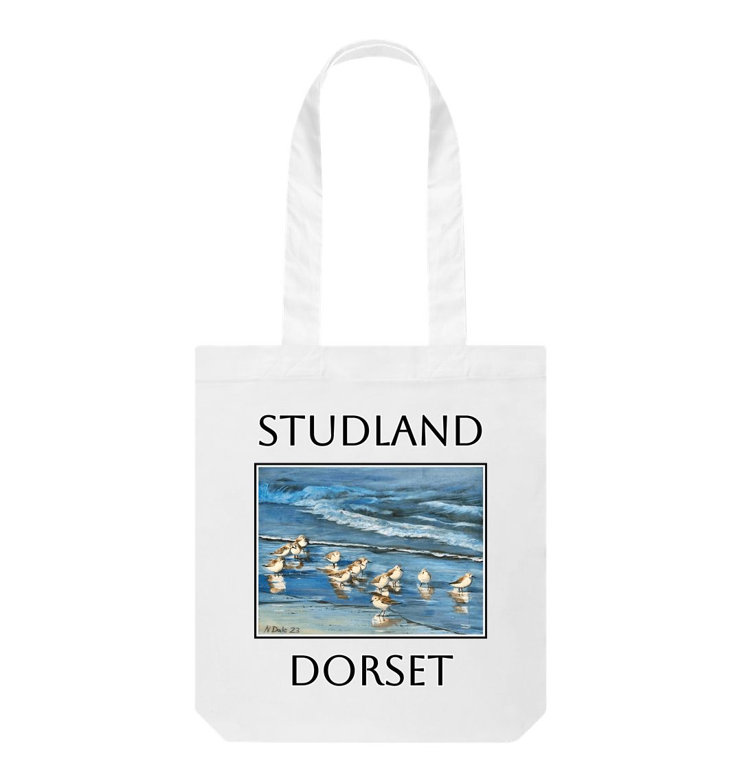 Image of White Tote Bag featuring a copy of the painting 'Studland Misty Morning' by Nick Dale. The bag depicts Dunlins on Studland Beach (Dorset) on a crisp and misty morning.