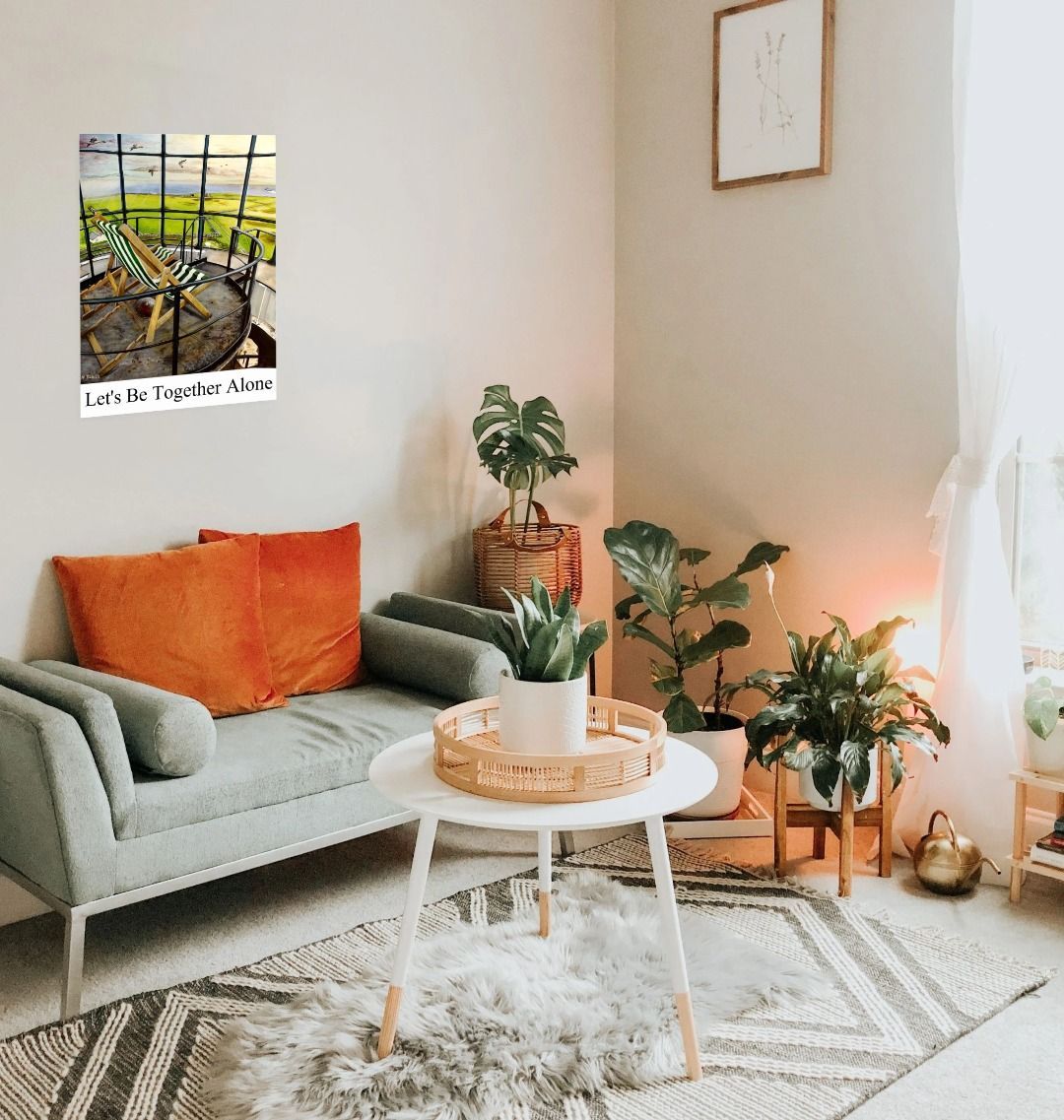 Image of a Large Art Print (A3 size) featuring a copy of the painting 'Let's Be Together Alone' by Nick Dale, with the words 'Let's Be Together Alone' written beneath it. As displayed on a wall above a sofa. The print depicts the view from the lantern room of the Old Light lighthouse on Beacon Hill, on the island of Lundy, Devon.