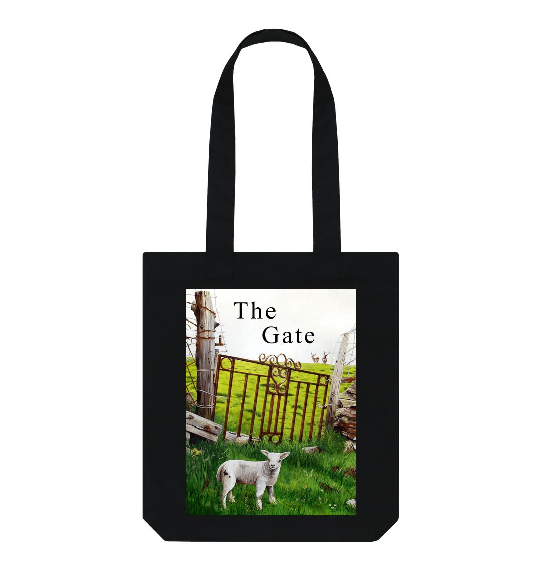 Image of a Black Tote Bag featuring a copy of a detail from the painting 'The Gate' by Nick Dale, with the words 'the Gate' written above the gate. The bag depicts a lamb in front of an ornamental garden gate reused by a farmer somewhere in North Devon, probably to the south of Valley of Rocks, Lynton. The lamb was observed on Lundy Island, Devon.