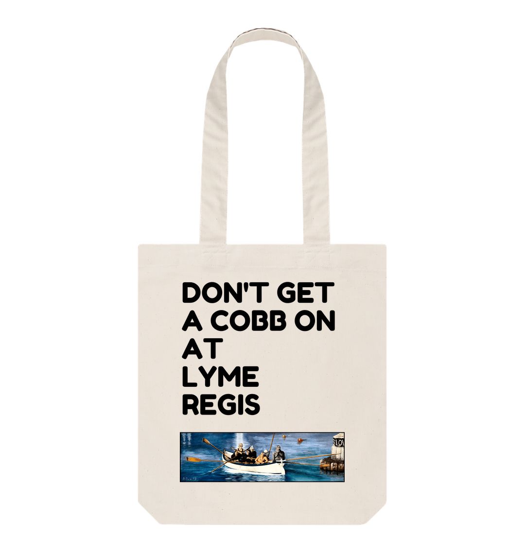 Image of a Natural Tote Bag featuring a copy of the painting 'The Return to Base at Lyme Regis' by Nick Dale with the slogan 'Don't Get A Cobb On At Lyme Regis' written above it. The bag depicts the crew of a gig rowing boat returning to Lyme Regis Harbour to take a well-earned rest.