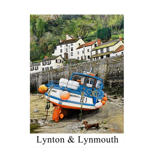 Image of a Large Art Print (A3 size) featuring a copy of the painting 'Lynmouth At Lowest Tide' by Nick Dale, with the words 'Lynton & Lynmouth' written beneath it. The print depicts an unusual perspective on the picturesque harbour of Lynmouth (Devon), as seen from the floor of the harbour at low tide. Behind the fishing boat can be seen the characterful harbourside buildings.