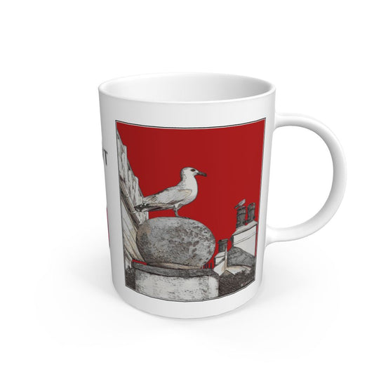 Image of a White Mug featuring a modified copy of the painting 'A View Of The Sea At Lyme Regis' by Nick Dale - this being the 'Red' version. The mug depicts a gull and buildings along Marine Parade, Lyme Regis.
