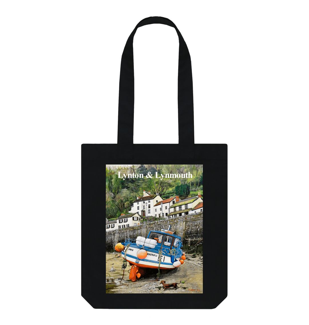 Image of a Black Tote Bag featuring a copy of the painting 'Lynmouth At Lowest Tide' by Nick Dale, with the words 'Lynton & Lynmouth' written across the top. The bag depicts an unusual perspective on the picturesque harbour of Lynmouth (Devon), as seen from the floor of the harbour at low tide. Behind the fishing boat can be seen the characterful harbourside buildings.